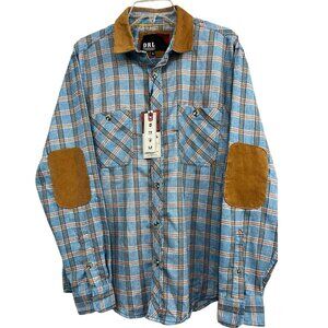 NWT Men Plaid Button Front Shirt Western L Blue Corduroy Elbow Patch Cabincore